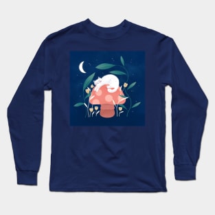 Cute white cat with, mushroom and curious flowers, version 1 Long Sleeve T-Shirt